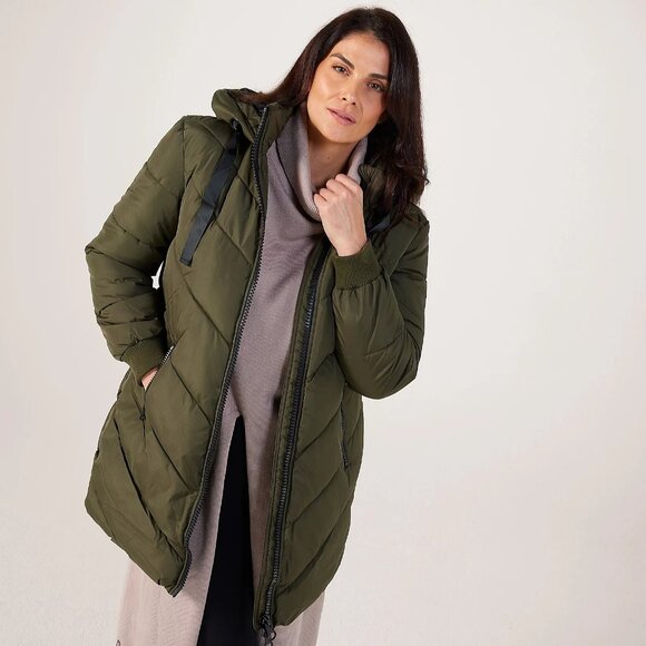 JDY Skylar Chevron Padded Jacket Long Hooded Womens Army Green Size Small - Picture 2 of 15